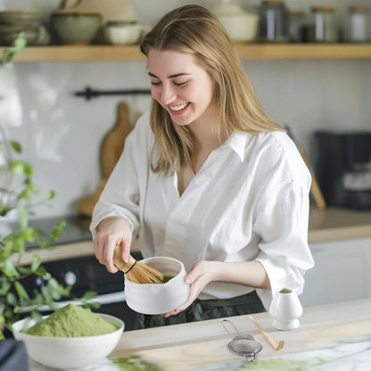 Matcha Set 5-teilig Keramik Grün – Traditionelles Matcha Tee Set mit Bambusbesen & Sieb