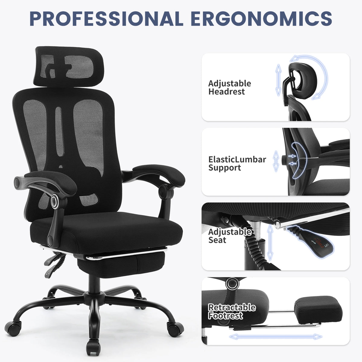 Buerostuhl Ergonomisch Schwarz – Netz Drehstuhl mit Fussstütze, 3D Kopfstütze & Klappbaren Armlehnen bis 150kg