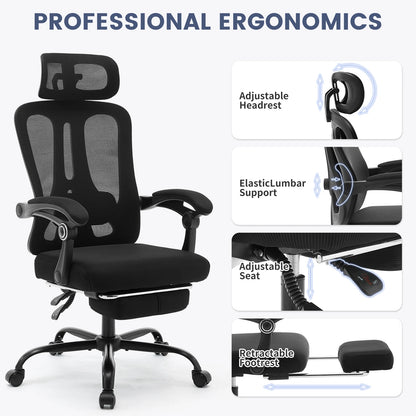 Buerostuhl Ergonomisch Schwarz – Netz Drehstuhl mit Fussstütze, 3D Kopfstütze & Klappbaren Armlehnen bis 150kg
