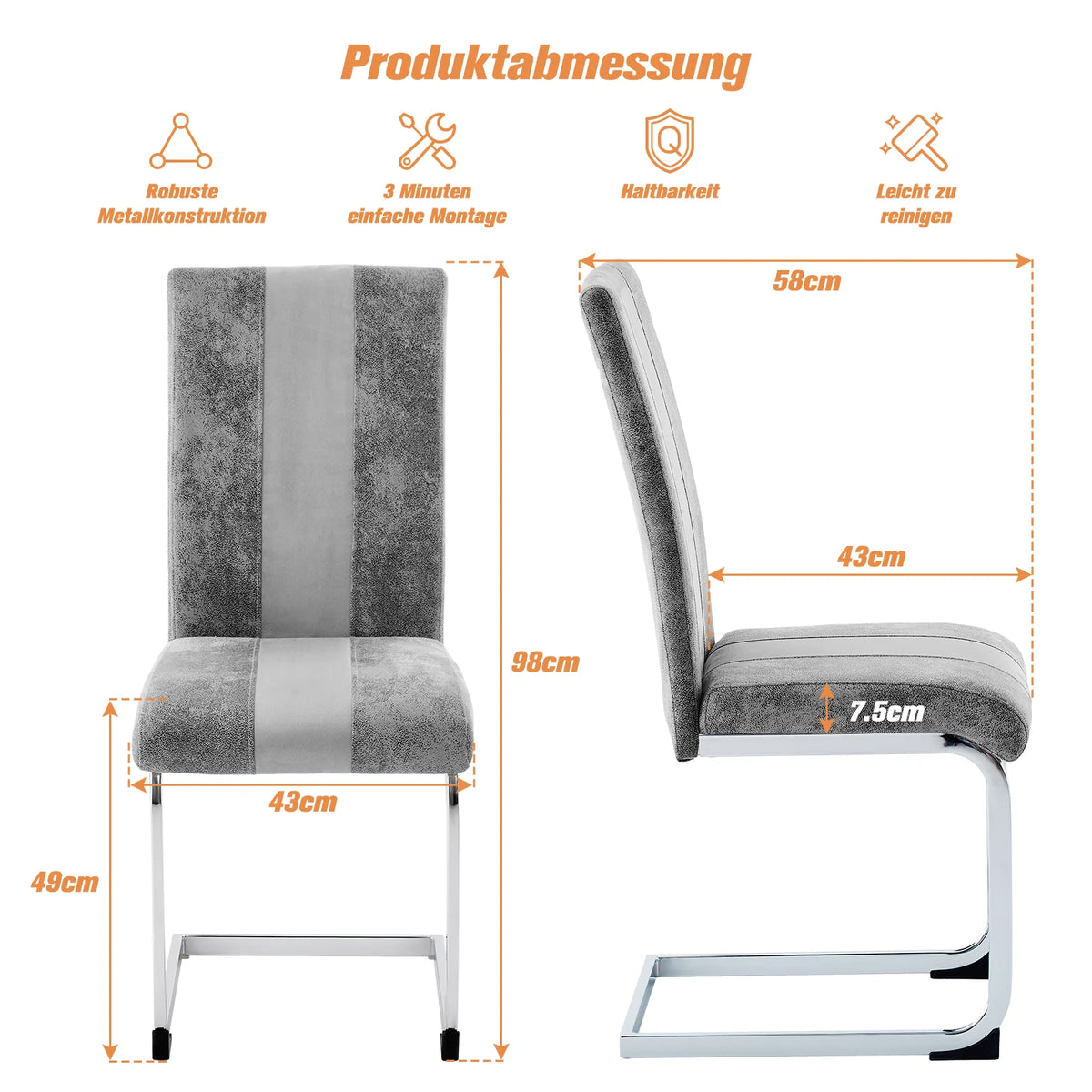 Esszimmerstuhl 4er Set Schwarz – Modernes Freischwinger Set aus PU Kunstleder mit Z-Form Metallgestell bis 120kg