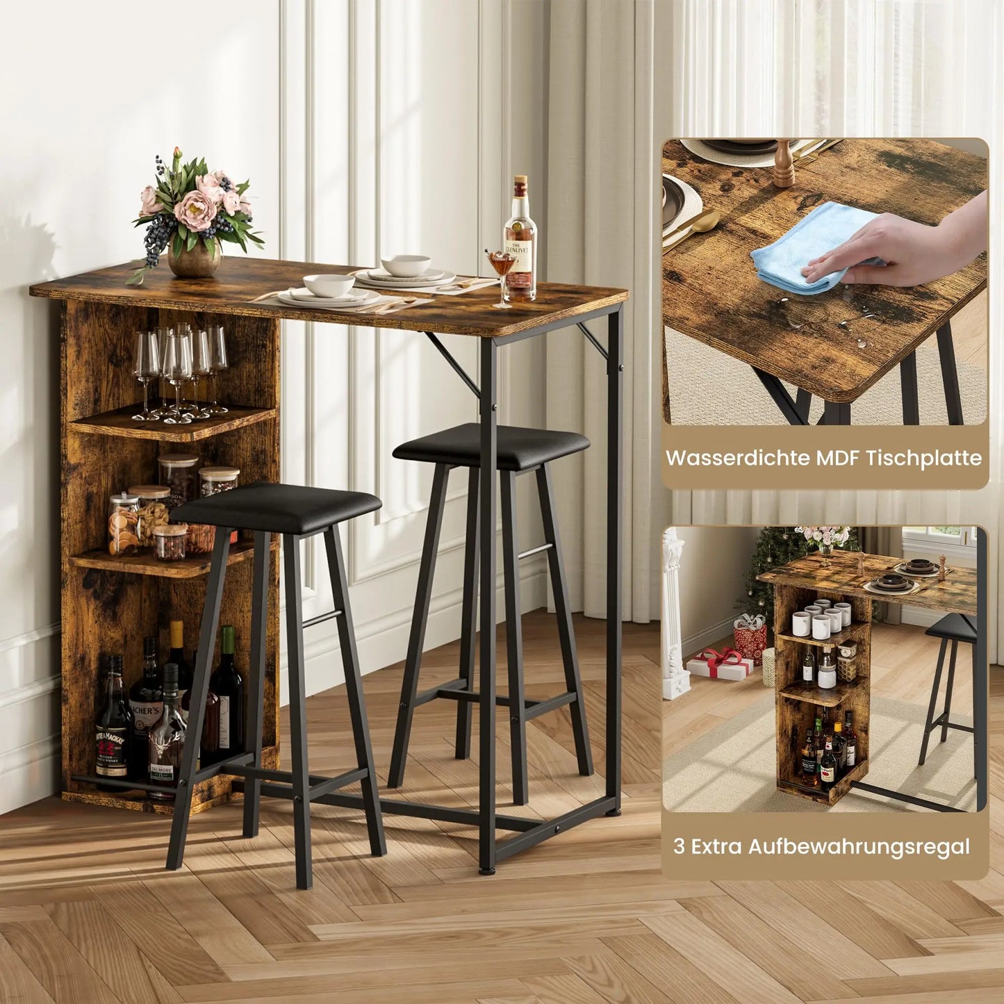 Bartisch Set 3-teilig mit Regal Schwarz – Kompakter Stehtisch mit 2 Barhockern für kleine Küche