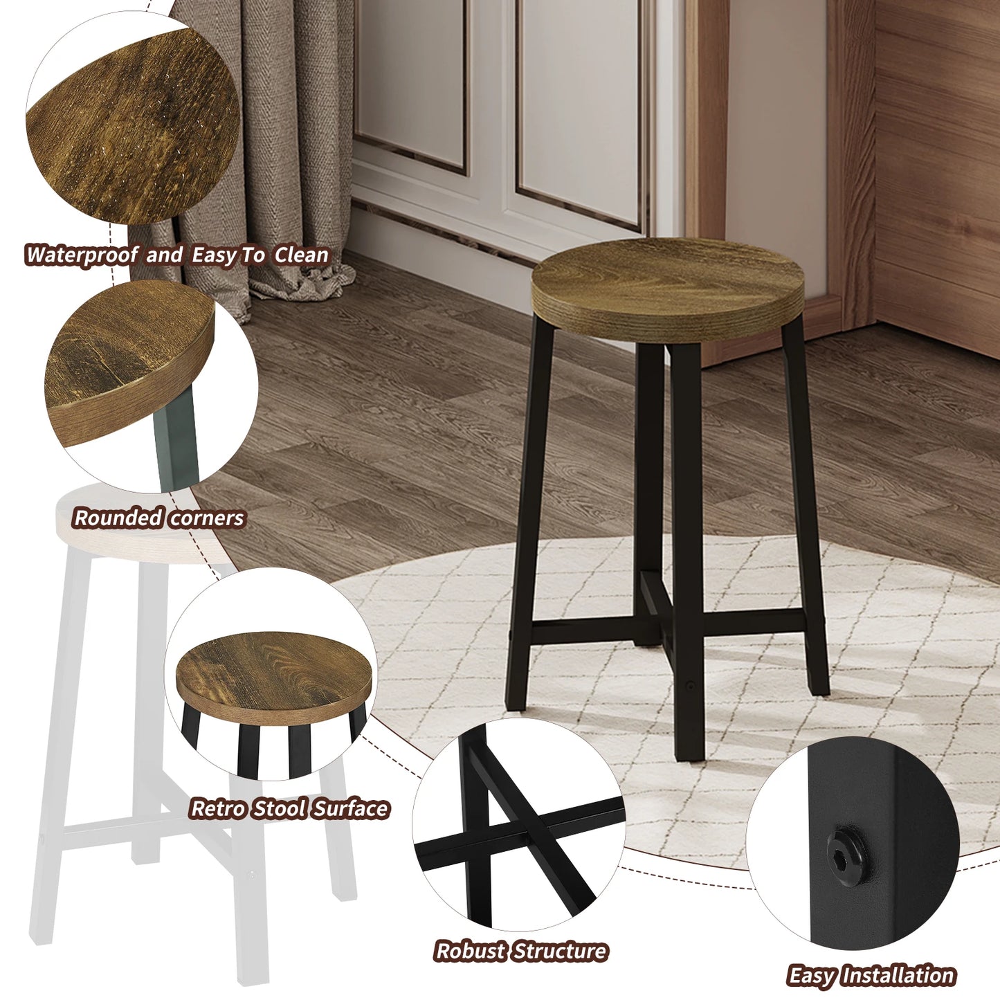 Küchenhocker 2er Set Industrie-Design – Kompakter Beistellhocker aus Metall & Holz bis 100kg