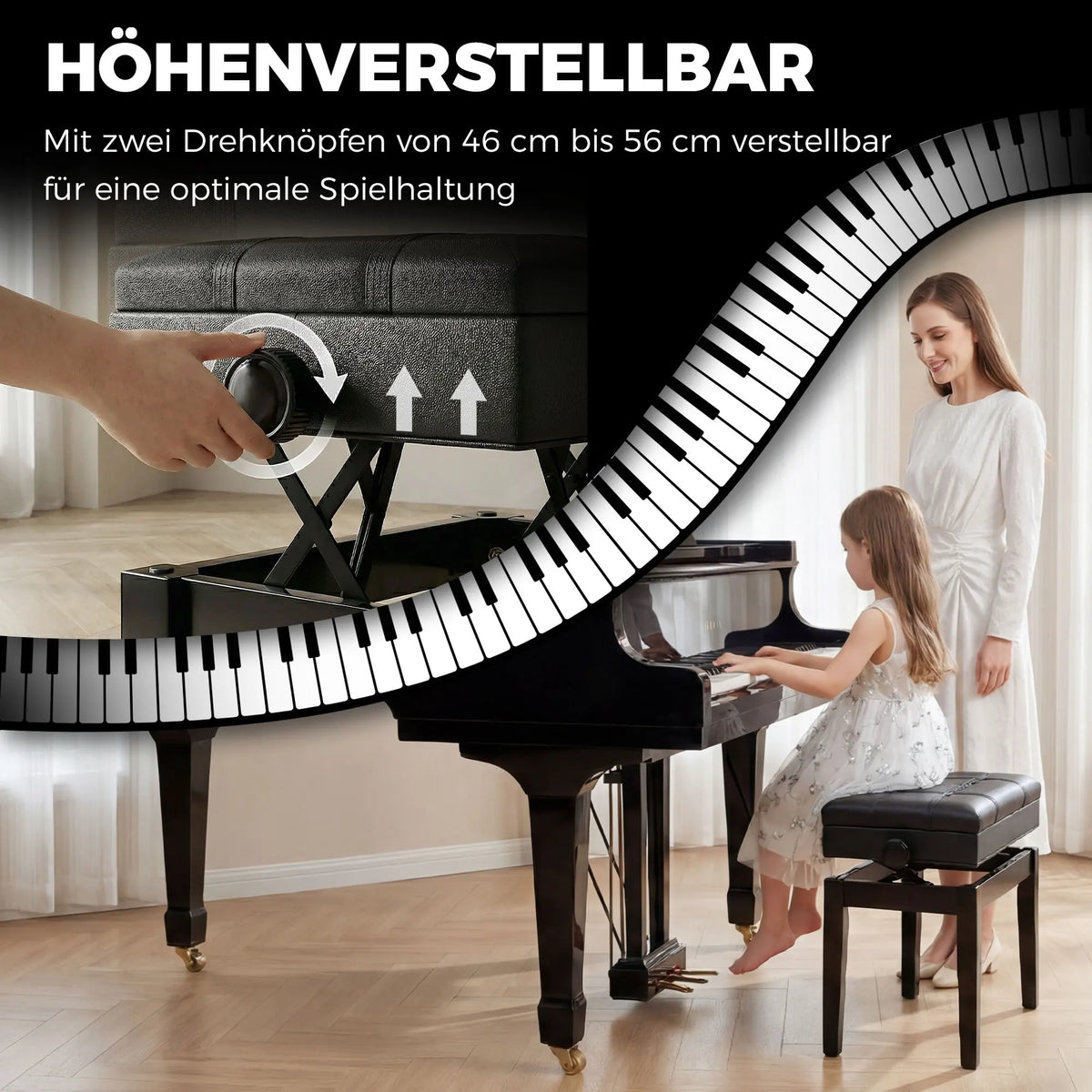 Ergonomische Klavierbank Höhenverstellbar mit Stauraum – Klavierhocker aus Holz mit Kunstleder