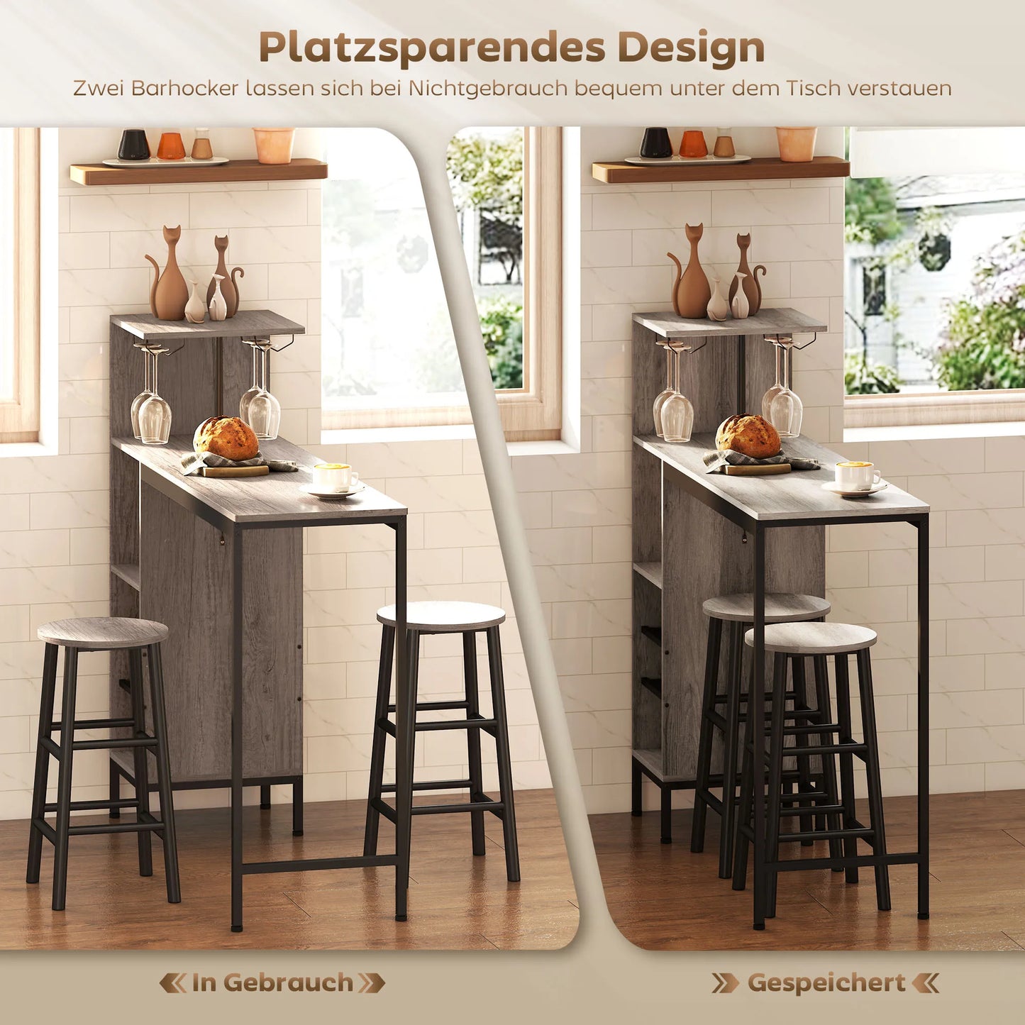 Bartisch Set 3-teilig mit Weinregal Graue Holzoptik – Stehtisch mit 2 Barhockern für kleine Räume