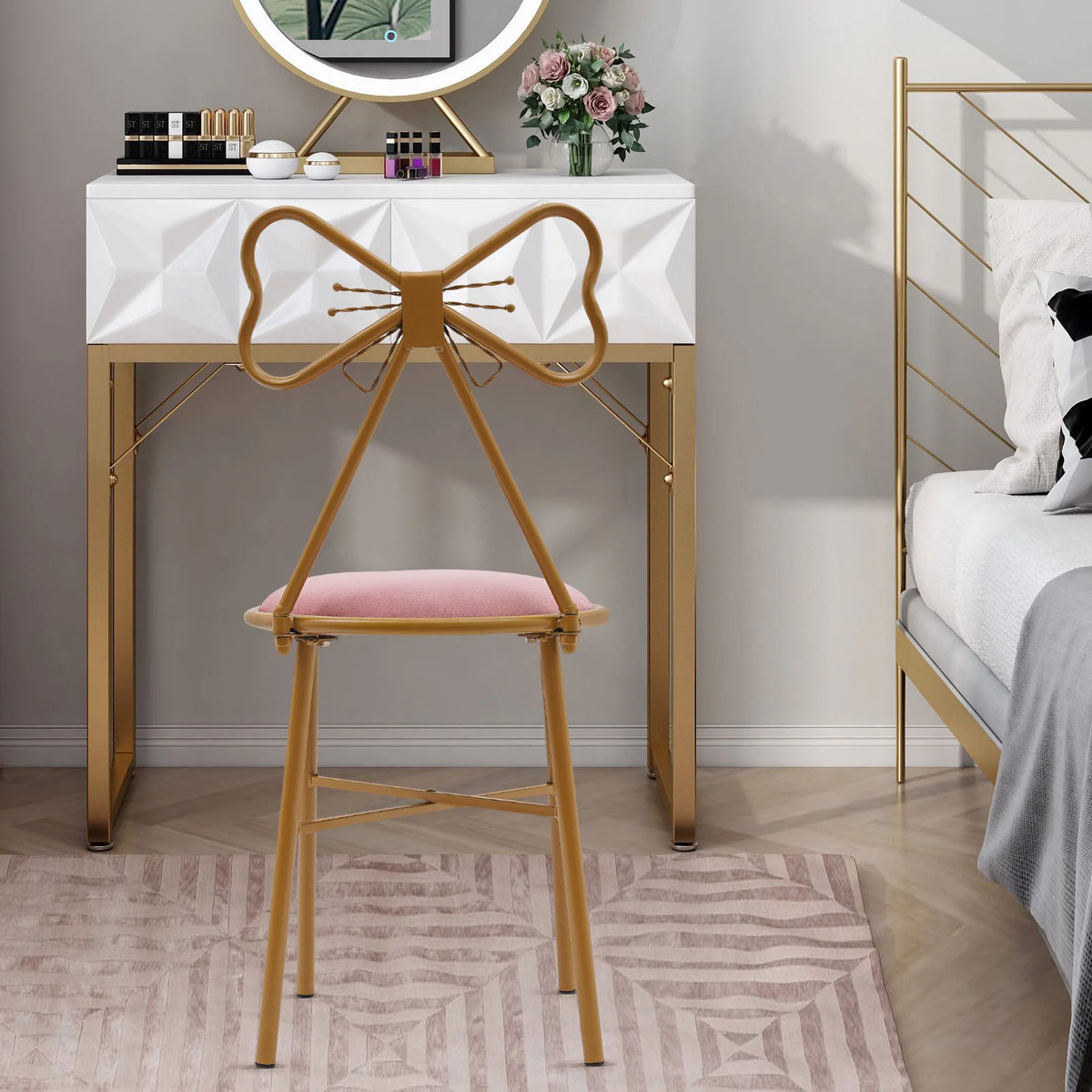 Schminktisch Stuhl Rosa mit Schmetterling Rückenlehne – Moderner Samt Kosmetikstuhl Gold