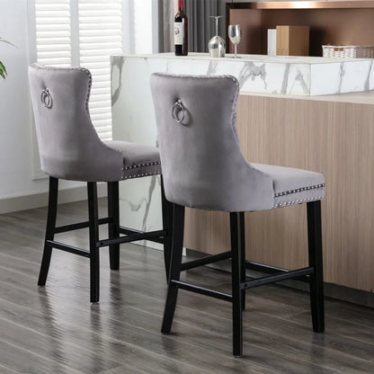 Moderne Samt Barhocker 2er Set mit Nietendekor – Elegante Tresenstühle aus Massivholz