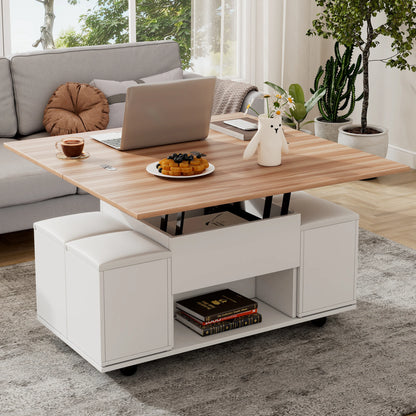 Couchtisch Höhenverstellbar & Ausziehbar – Multifunktionaler Esstisch mit 4 Hockern & Stauraum