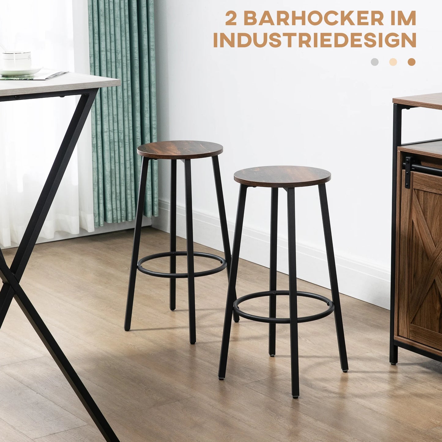 Barhocker 2er Set Industrial Braun & Schwarz – Rustikale Tresenstühle 65cm mit Fußstütze