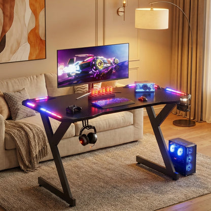 Gaming Schreibtisch LED Schwarz 120 cm – Ergonomischer PC Tisch mit Haken & Becherhalter