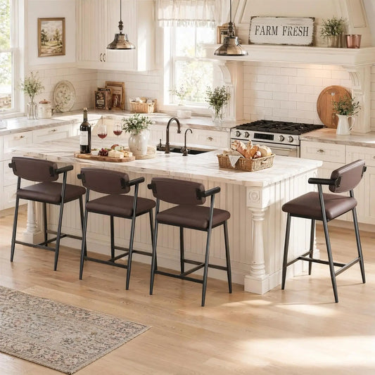 Barhocker 4er Set mit Armlehnen 66cm Braun – Moderne Tresenstühle mit Rückenlehne & Fußstütze