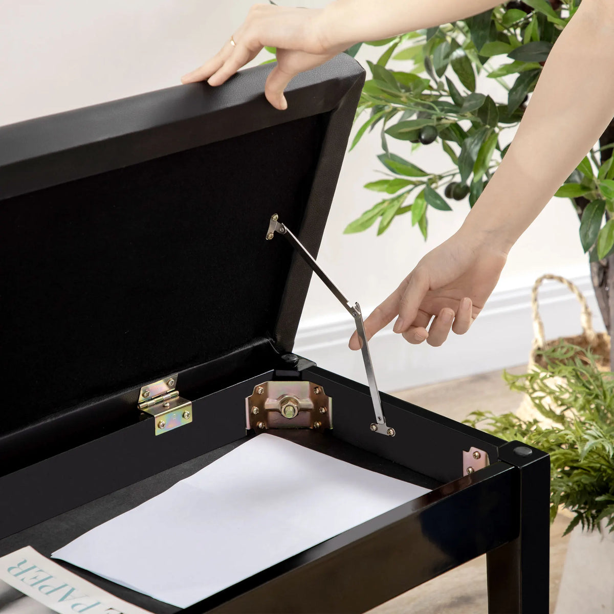 Klassische Klavierbank Hochglanz Schwarz – Massivholz Pianohocker mit Kunstleder-Polster