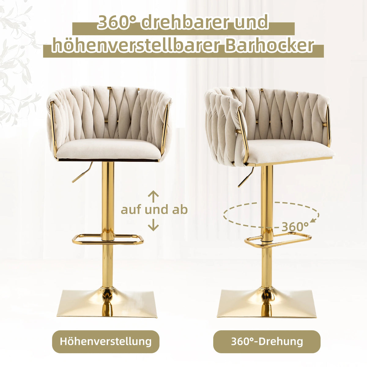 Moderne Barhocker 2er Set mit Armlehnen Höhenverstellbar – Drehbarer Polsterstuhl mit Gold-Beinen
