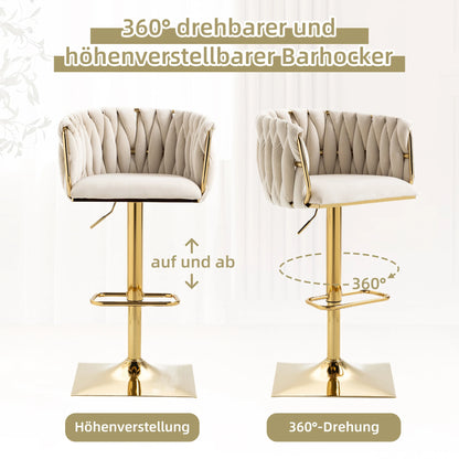 Moderne Barhocker 2er Set mit Armlehnen Höhenverstellbar – Drehbarer Polsterstuhl mit Gold-Beinen