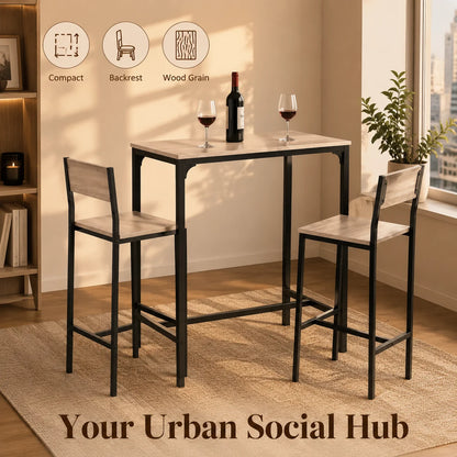 Bartisch Set 3-teilig Esstisch mit 2 Barhockern Holz optik – Kompakte Sitzgruppe für Indoor & Outdoor