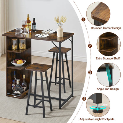 Bartisch Set 3-teilig mit Regal Vintage Braun – Kompakter Stehtisch mit 2 Barhockern für kleine Küche