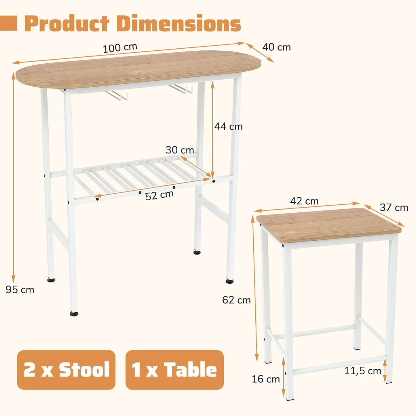 3-Teiliges Bartisch Set Industrial mit Weinregal – Kompaktes Stehtisch Set für Küche & Bar