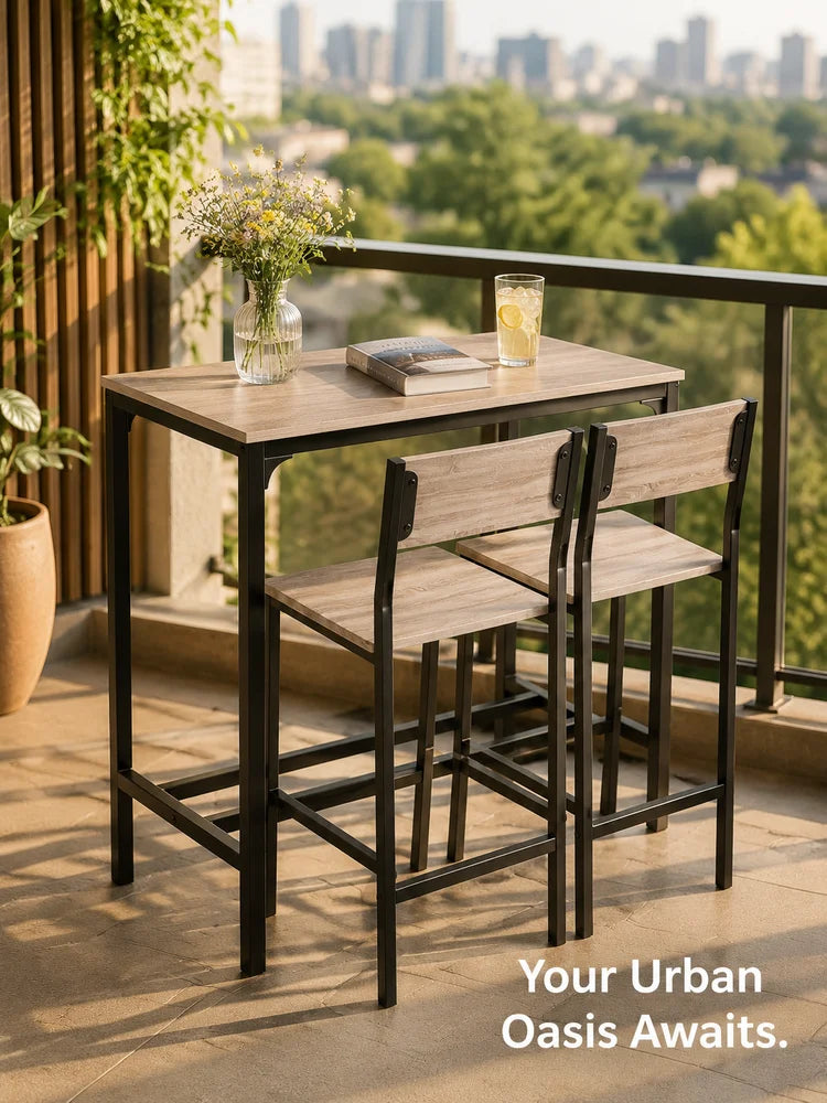 Bartisch Set 3-teilig Esstisch mit 2 Barhockern Holz optik – Kompakte Sitzgruppe für Indoor & Outdoor