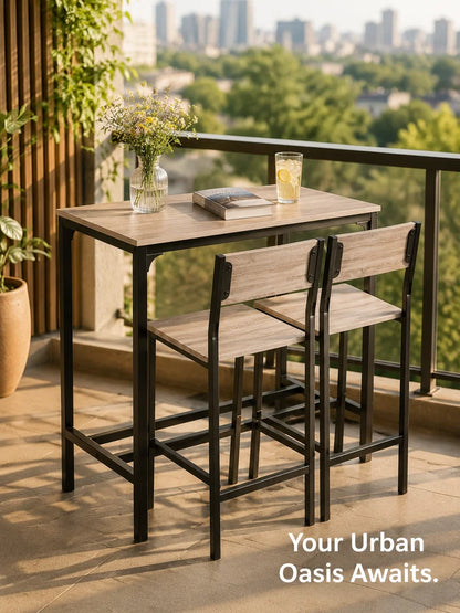 Bartisch Set 3-teilig Esstisch mit 2 Barhockern Holz optik – Kompakte Sitzgruppe für Indoor & Outdoor