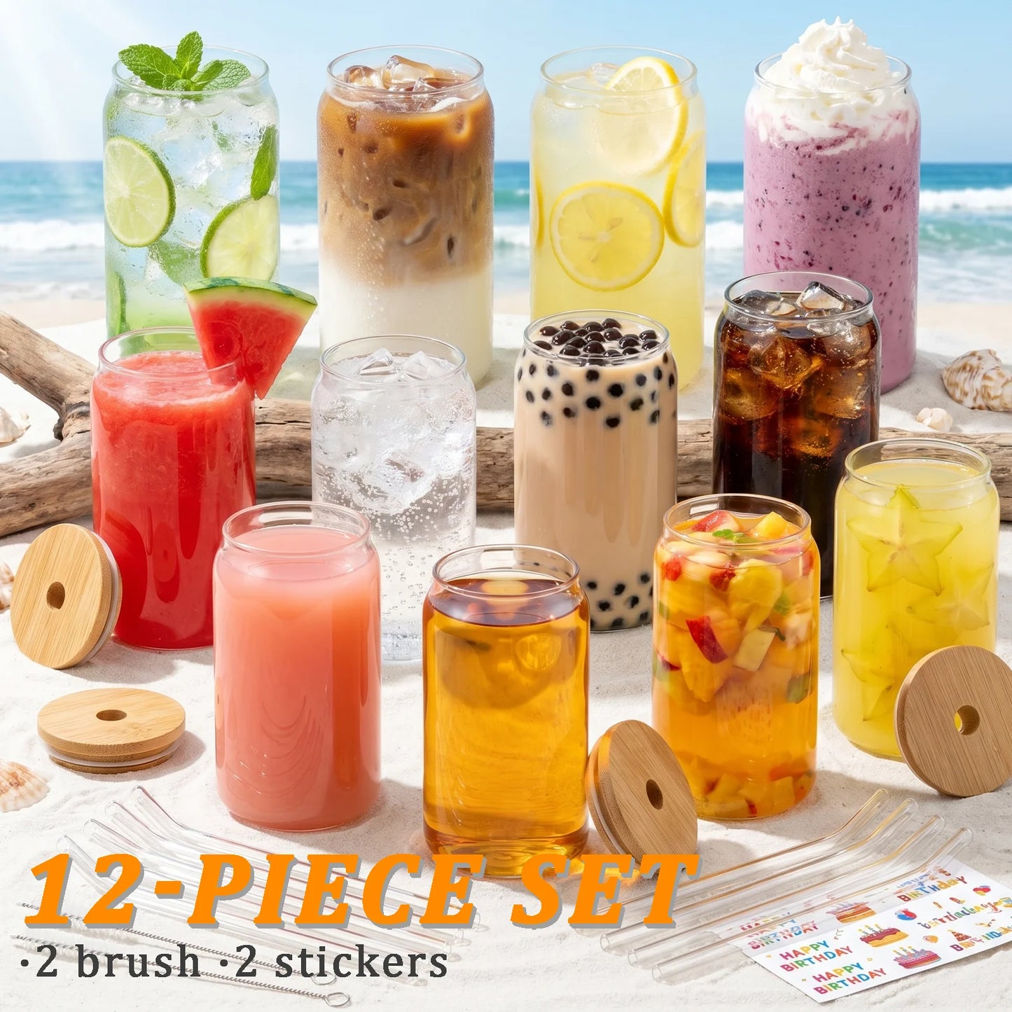 Glasbecher Set mit Strohhalm & Deckel – Trinkgläser für Eiskaffee, Cocktails & Bubble Tea