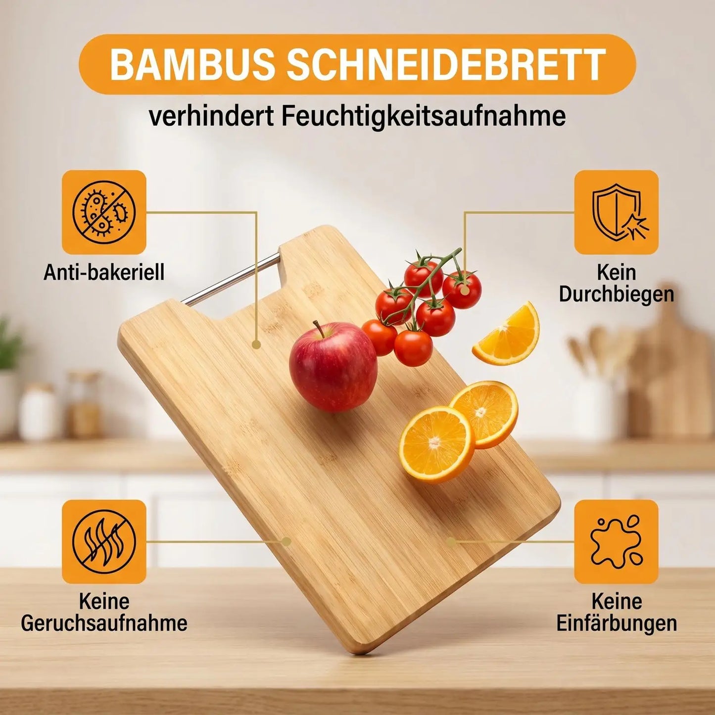 Bambus Schneidebrett 3er Set mit Metallgriffen – Dicke Holz Küchenbretter fuer Fleisch & Gemuese