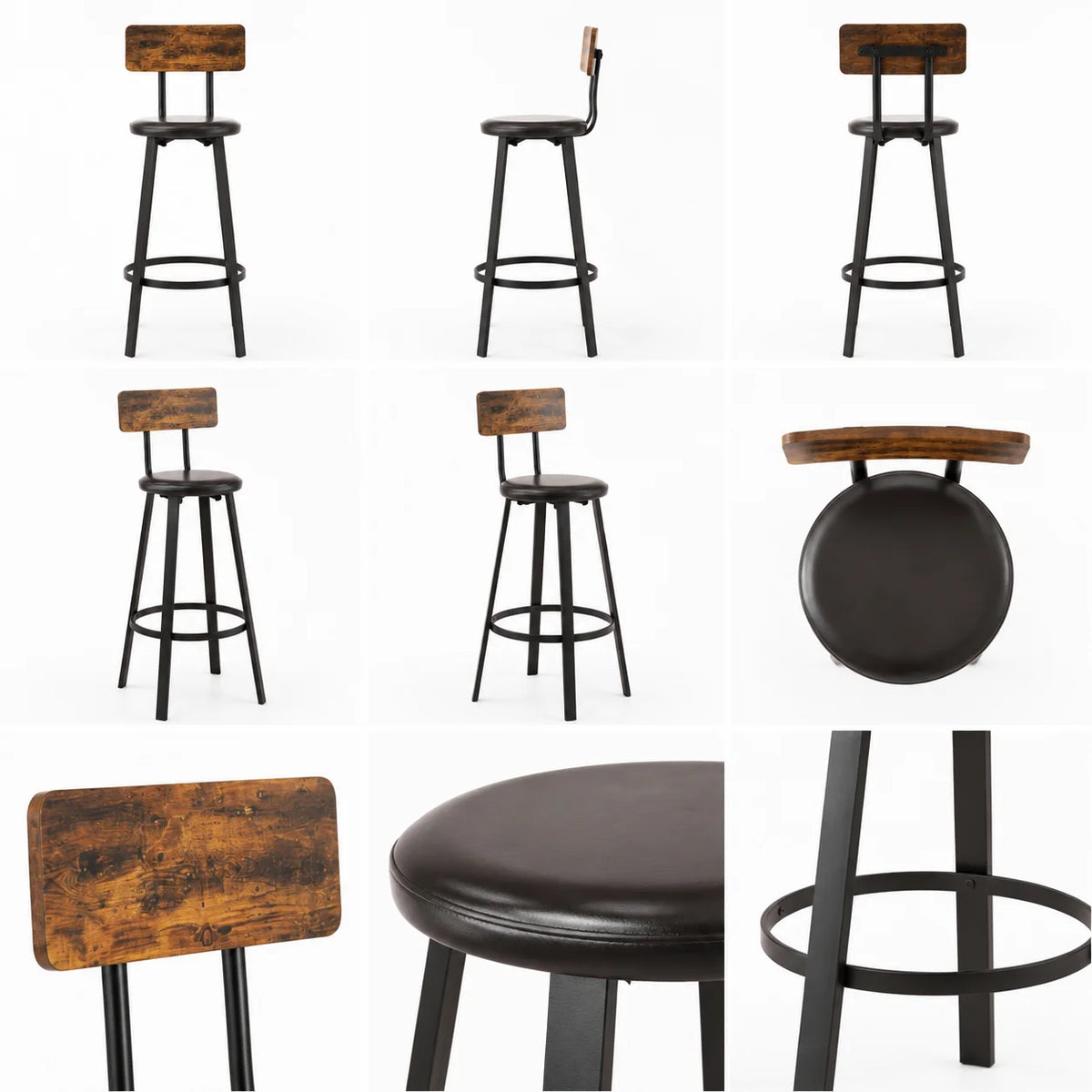 Barhocker 2er Set Industrial Braun & Schwarz – Rustikale Tresenstühle mit Rückenlehne & Polster
