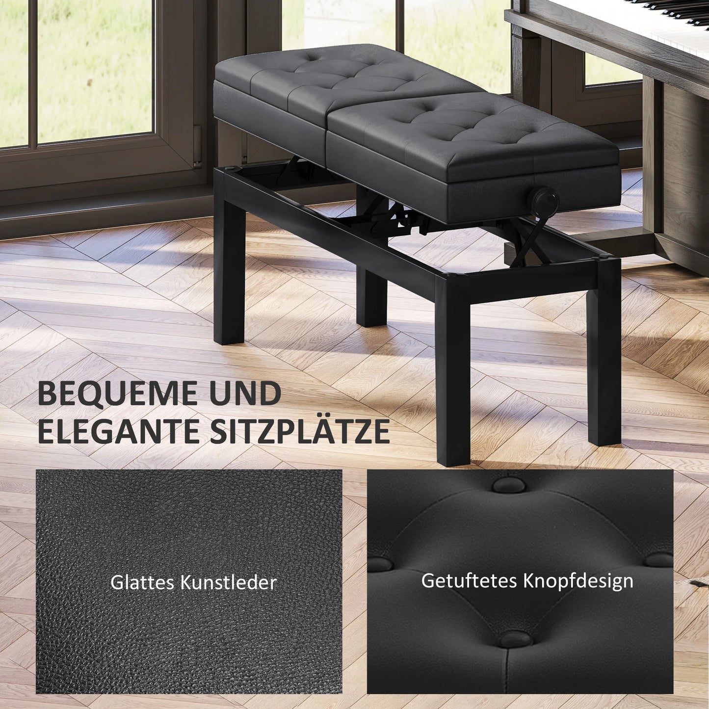Doppel-Klavierbank Höhenverstellbar mit Stauraum – Großer Klavierhocker aus Holz mit Kunstleder