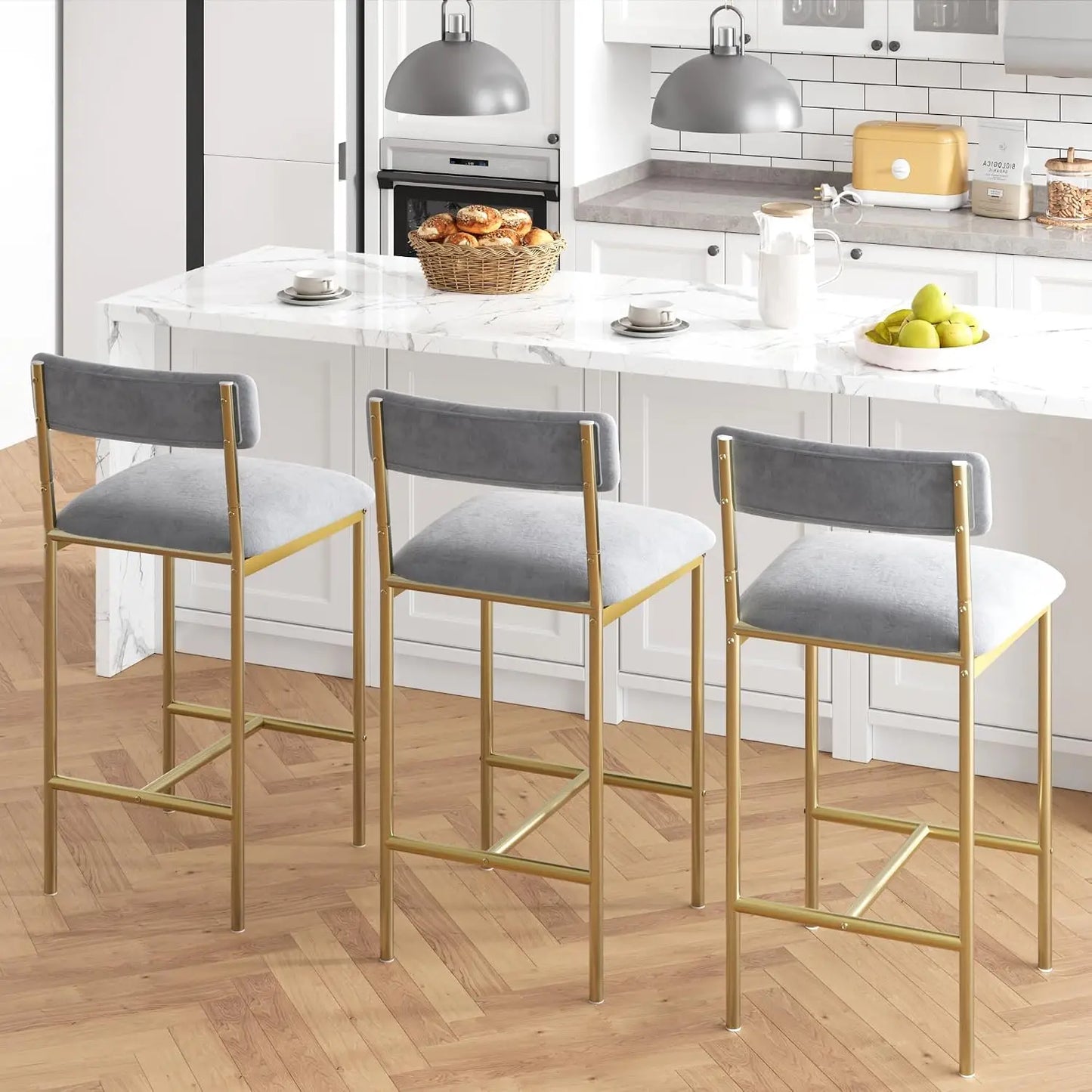 Moderne Rattan Barhocker 2er Set gepolstert – Küchenstuhl mit Fußstütze Metallgestell