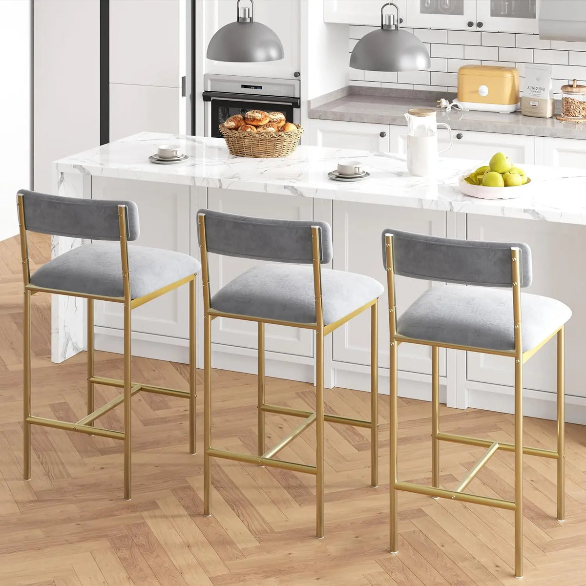 Moderne Rattan Barhocker 2er Set gepolstert – Küchenstuhl mit Fußstütze Metallgestell