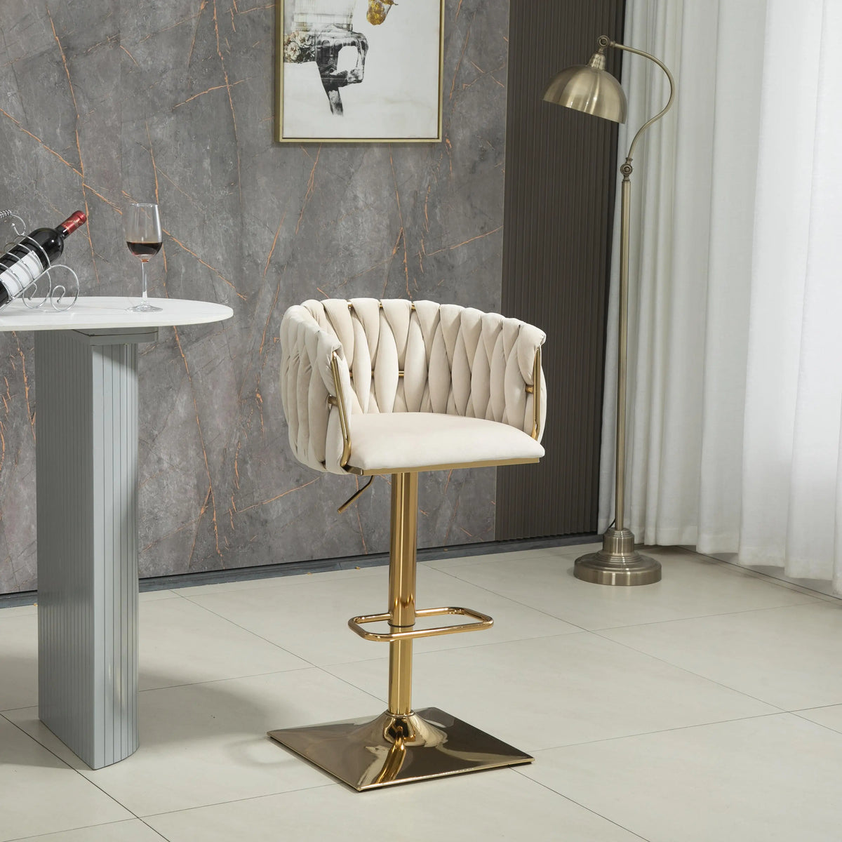 Moderne Barhocker 2er Set mit Armlehnen Höhenverstellbar – Drehbarer Polsterstuhl mit Gold-Beinen