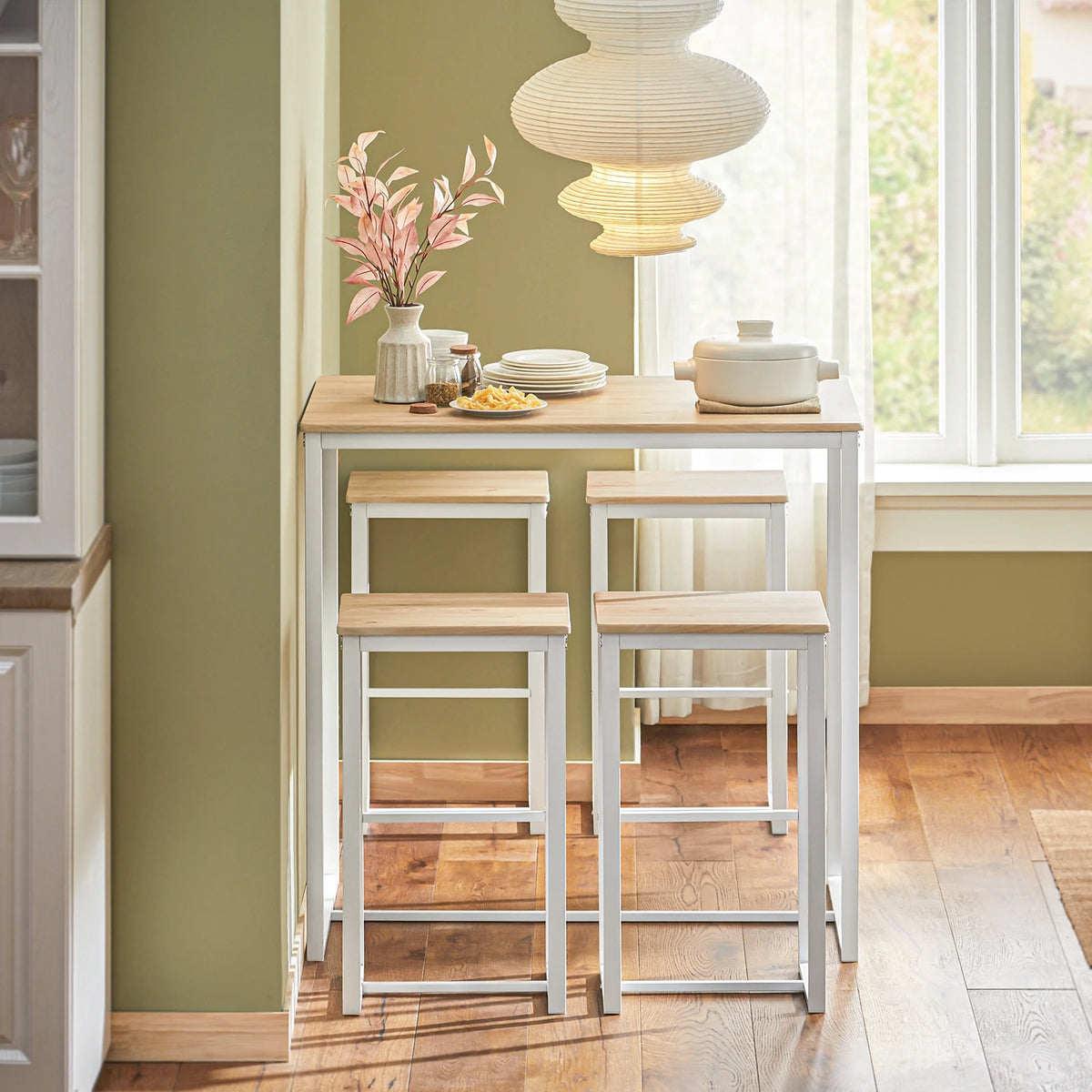 Bartisch Set 5-teilig mit 4 Hocker Weiß-Natur – Moderne Essgruppe für Küche & Balkon