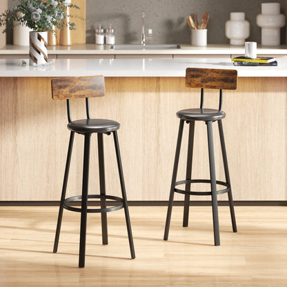 Barhocker 2er Set Industrial Braun & Schwarz – Rustikale Tresenstühle mit Rückenlehne & Polster