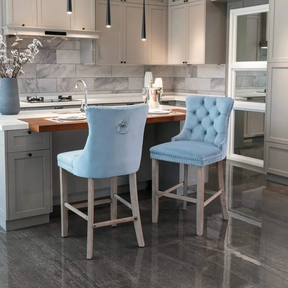 Moderne Samt Barhocker 2er Set mit Nietendekor – Elegante Tresenstühle aus Massivholz