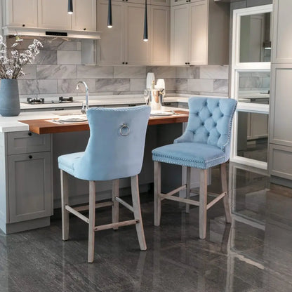 Moderne Samt Barhocker 2er Set mit Nietendekor – Elegante Tresenstühle aus Massivholz