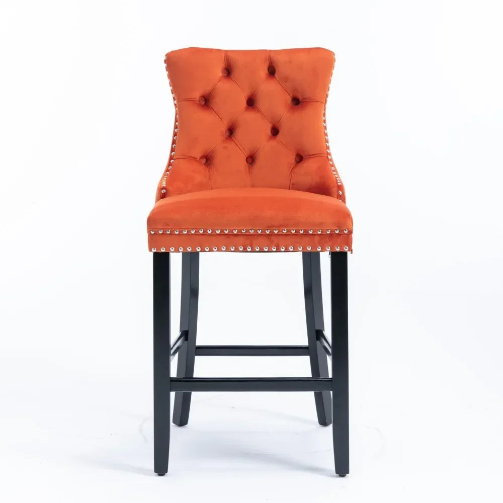 Moderne Samt Barhocker 2er Set mit Nietendekor – Elegante Tresenstühle aus Massivholz