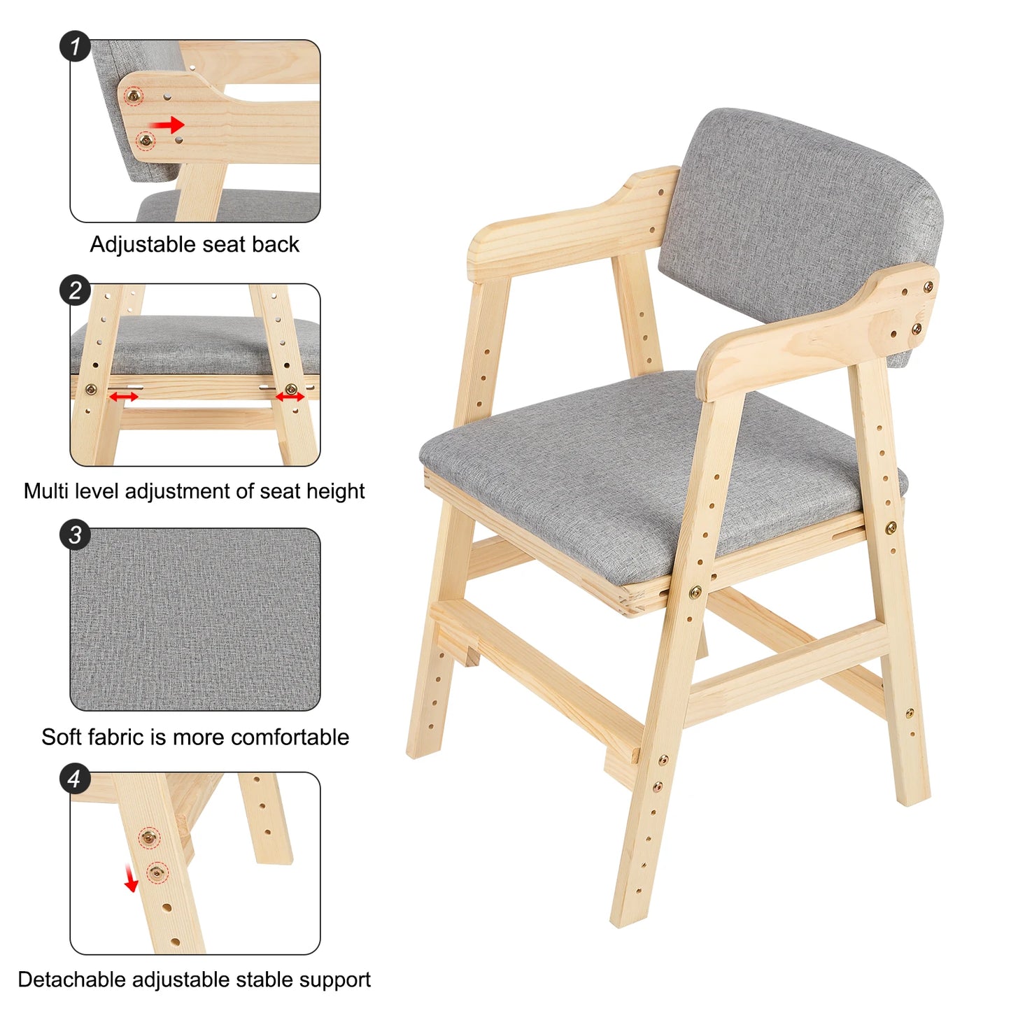Kinderstuhl Höhenverstellbar aus Kiefernholz – Ergonomischer Mitwachsender Holzstuhl bis 90kg
