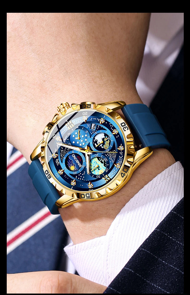 BINBOND Luxus Herrenuhr Blau – Wasserdichte Quarz Armbanduhr mit Chronograph & Datum