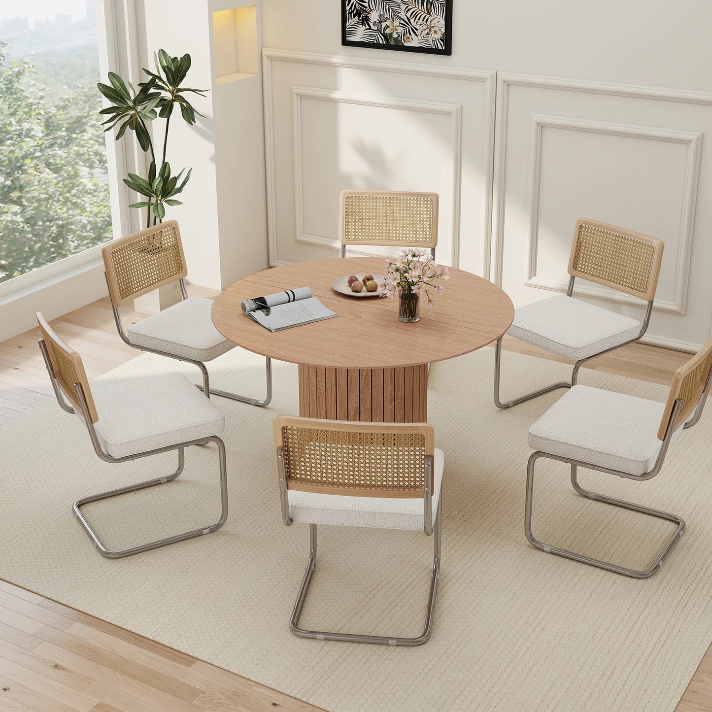Freischwinger 2er Set Modern – Polsterstuhl Set aus Teddy-Samt & Rattan-Rueckenlehne mit Metallgestell
