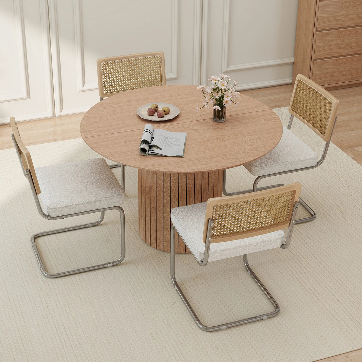 Freischwinger 2er Set Modern – Polsterstuhl Set aus Teddy-Samt & Rattan-Rueckenlehne mit Metallgestell