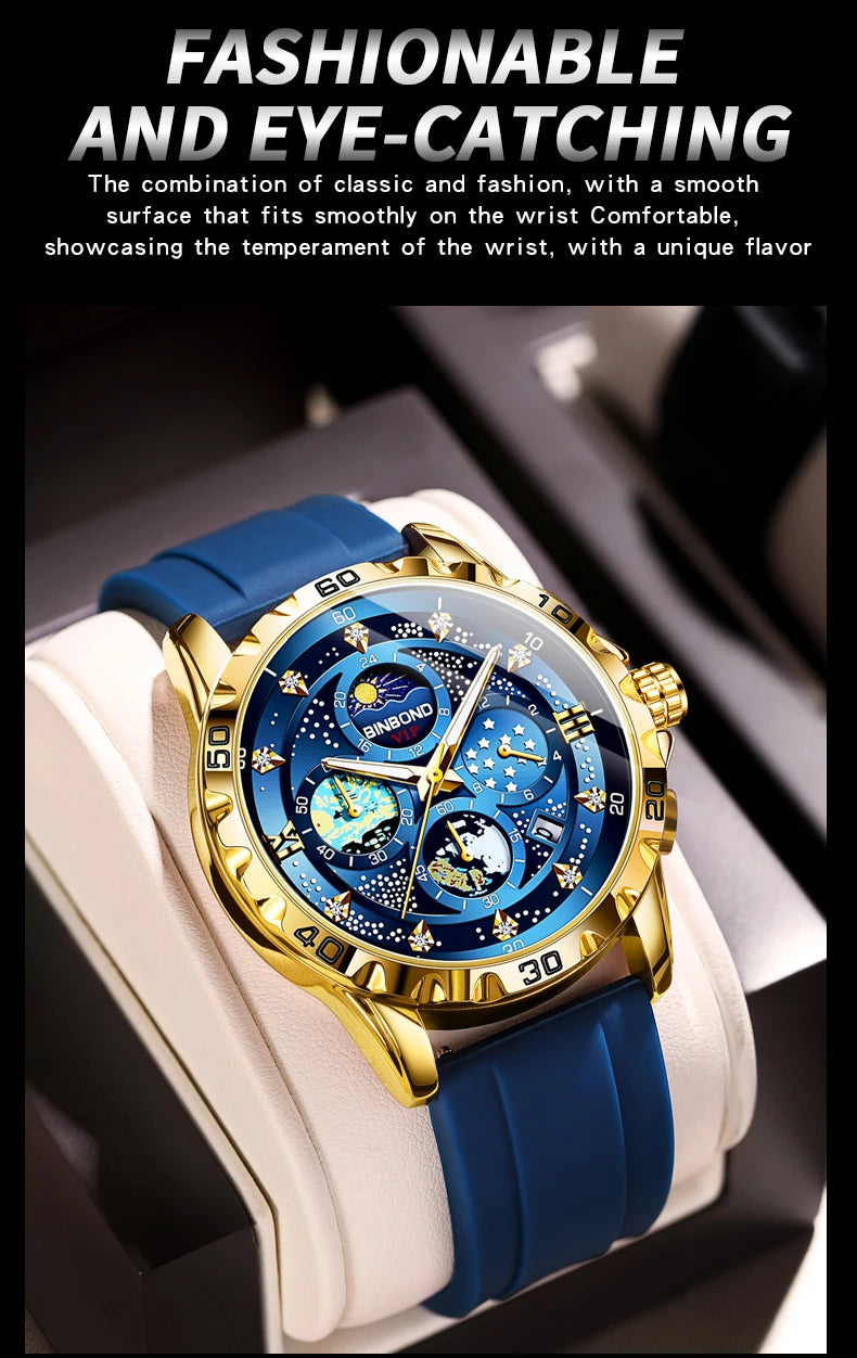 BINBOND Luxus Herrenuhr Blau – Wasserdichte Quarz Armbanduhr mit Chronograph & Datum