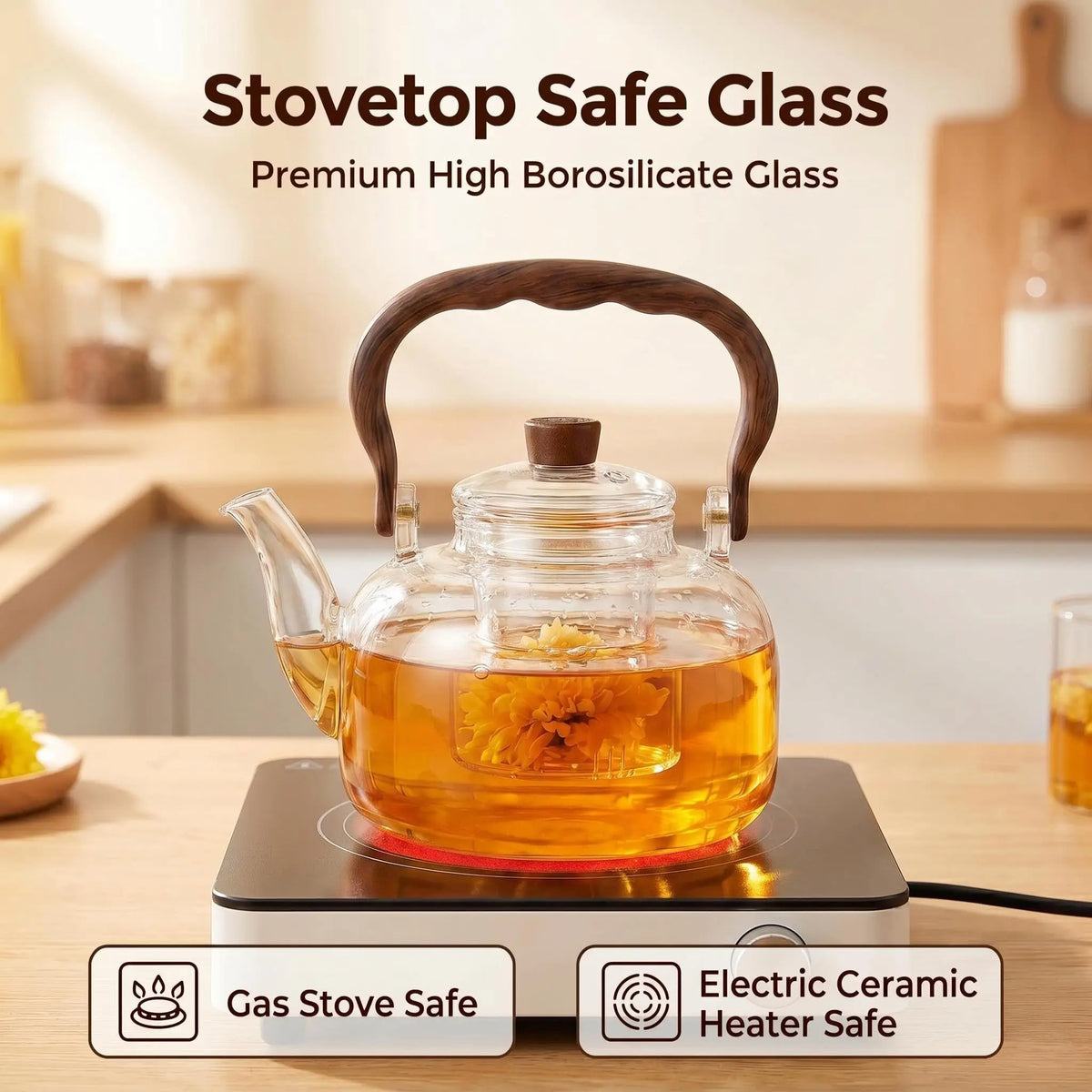 Hitzebeständige Glas Teekanne 1000ml – Glaskanne mit Sieb für Lose Tee & Blüten