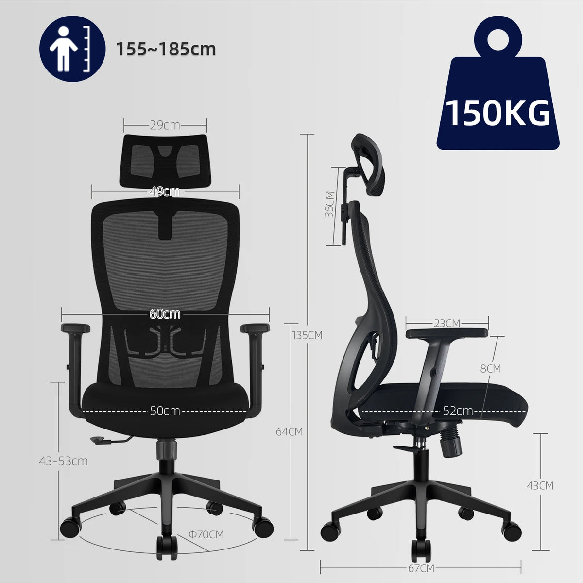 Buerostuhl Ergonomisch Schwarz – Netz Drehstuhl mit Verstellbarer Lendenstuetze & Kopfstuetze bis 150kg