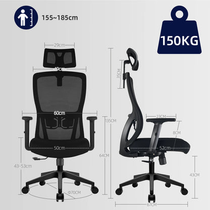 Buerostuhl Ergonomisch Schwarz – Netz Drehstuhl mit Verstellbarer Lendenstuetze & Kopfstuetze bis 150kg