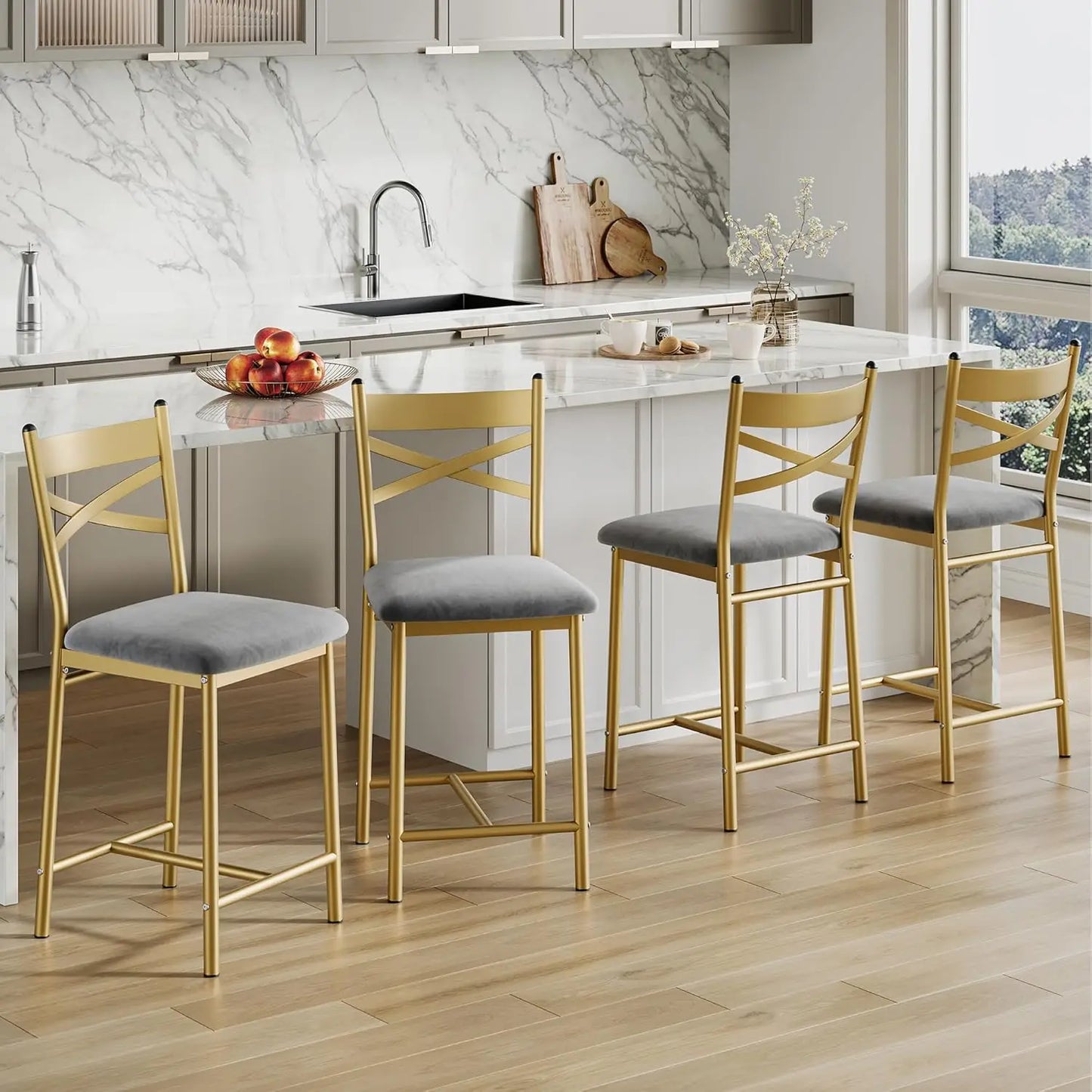 Barhocker 2er Set Grauer Stoff mit Rückenlehne – Moderne Tresenstühle Kücheninsel 56cm Sitzhöhe
