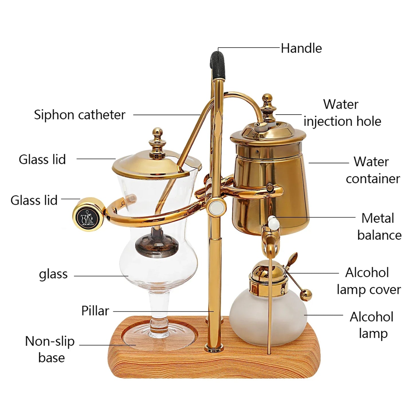 Belgische Siphon Kaffeemaschine Gold – Royale Belgische Kaffee-Siphon aus Edelstahl & Borosilikatglas