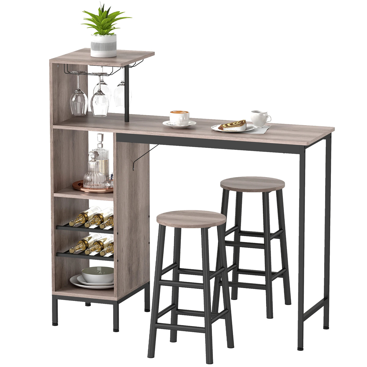 Bartisch Set 3-teilig mit Weinregal Graue Holzoptik – Stehtisch mit 2 Barhockern für kleine Räume