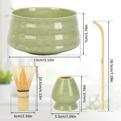 Matcha Set 4-teilig Grün – Traditionelle Matcha Schale mit Bambusbesen & Besenhalter