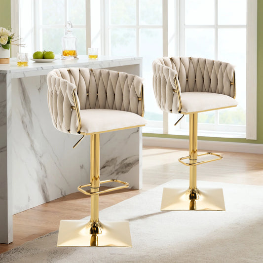 Moderne Barhocker 2er Set mit Armlehnen Höhenverstellbar – Drehbarer Polsterstuhl mit Gold-Beinen