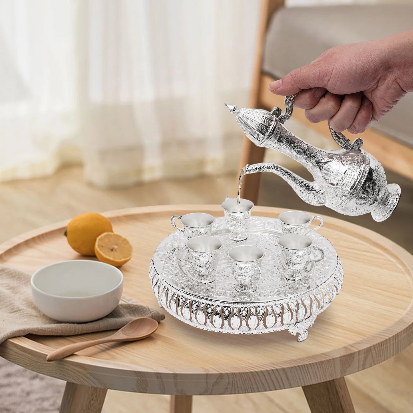 Königliches Vintage Tee-Set Silber 8-teilig – Elegantes Teeservice mit Serviertablett