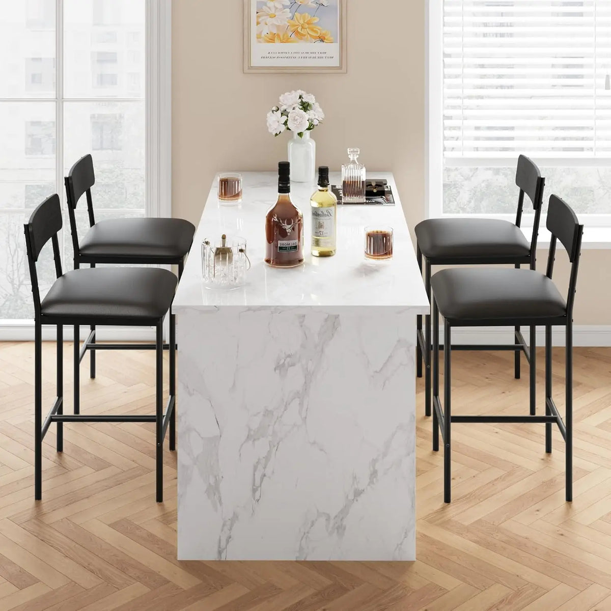 Modernes Stehtisch Set mit 2 Barhockern – Kompakte Esstisch Garnitur mit Regal für Küche