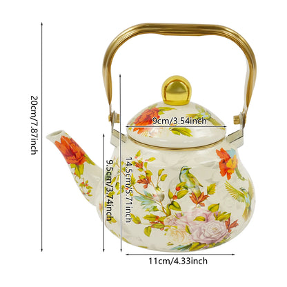 Klassische Enamel Teekanne Blumenmuster 1,5L – Emaillierte Teekanne mit Goldgriff